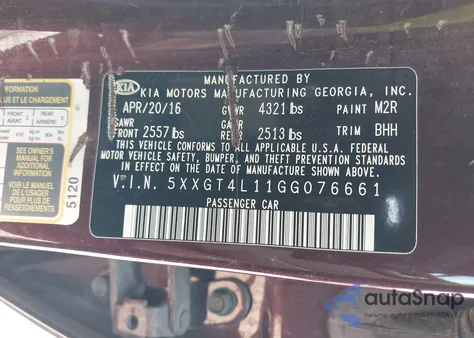 2016 Kia Optima Lx Turbo from USA, damaged, VIN 5XXGT4L11GG076661